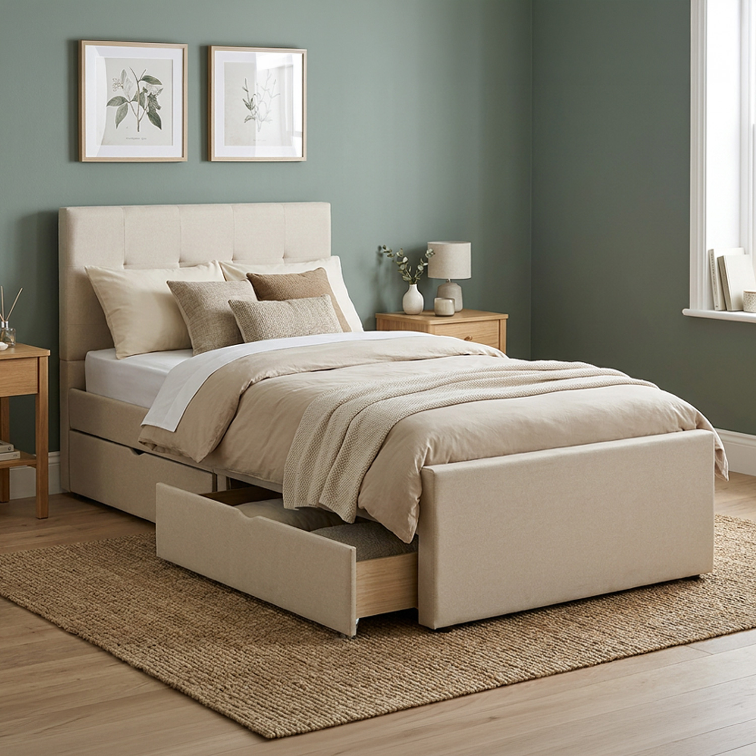 Upholstered bed 90x200 cm beige | with slatted frame | with 2 bed drawers | single fabric bed frame