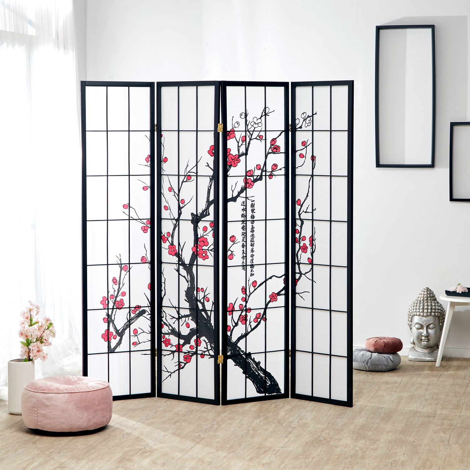 Paravent Black Cherry Pattern | Rice Paper White | 4-panel | Wood | Room Divider Partition Privacy Screen