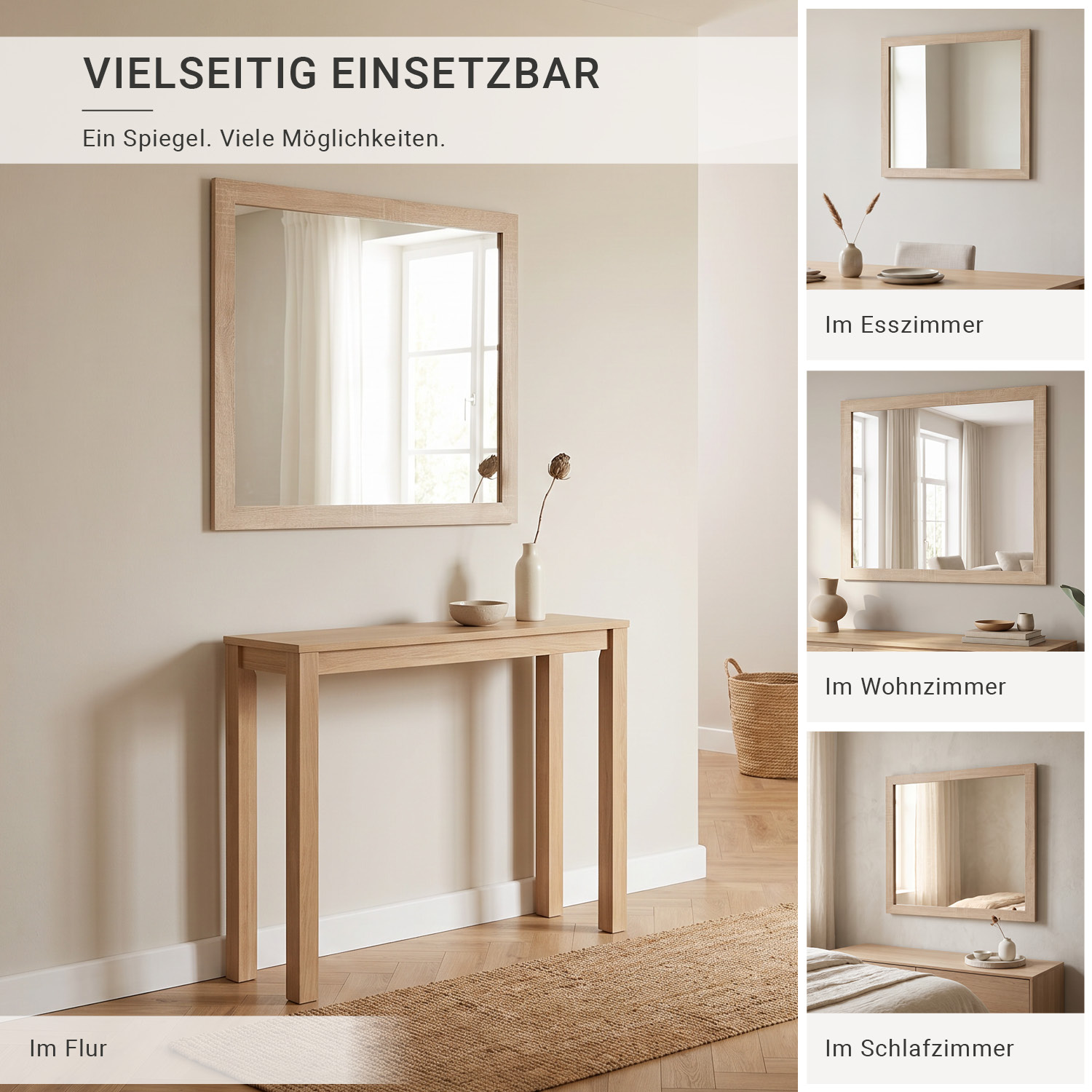 Large Rectangular Wall Mirror 80x70 cm Sonoma Oak Effect Wooden Frame Hallway Bedroom Living Room Mirror