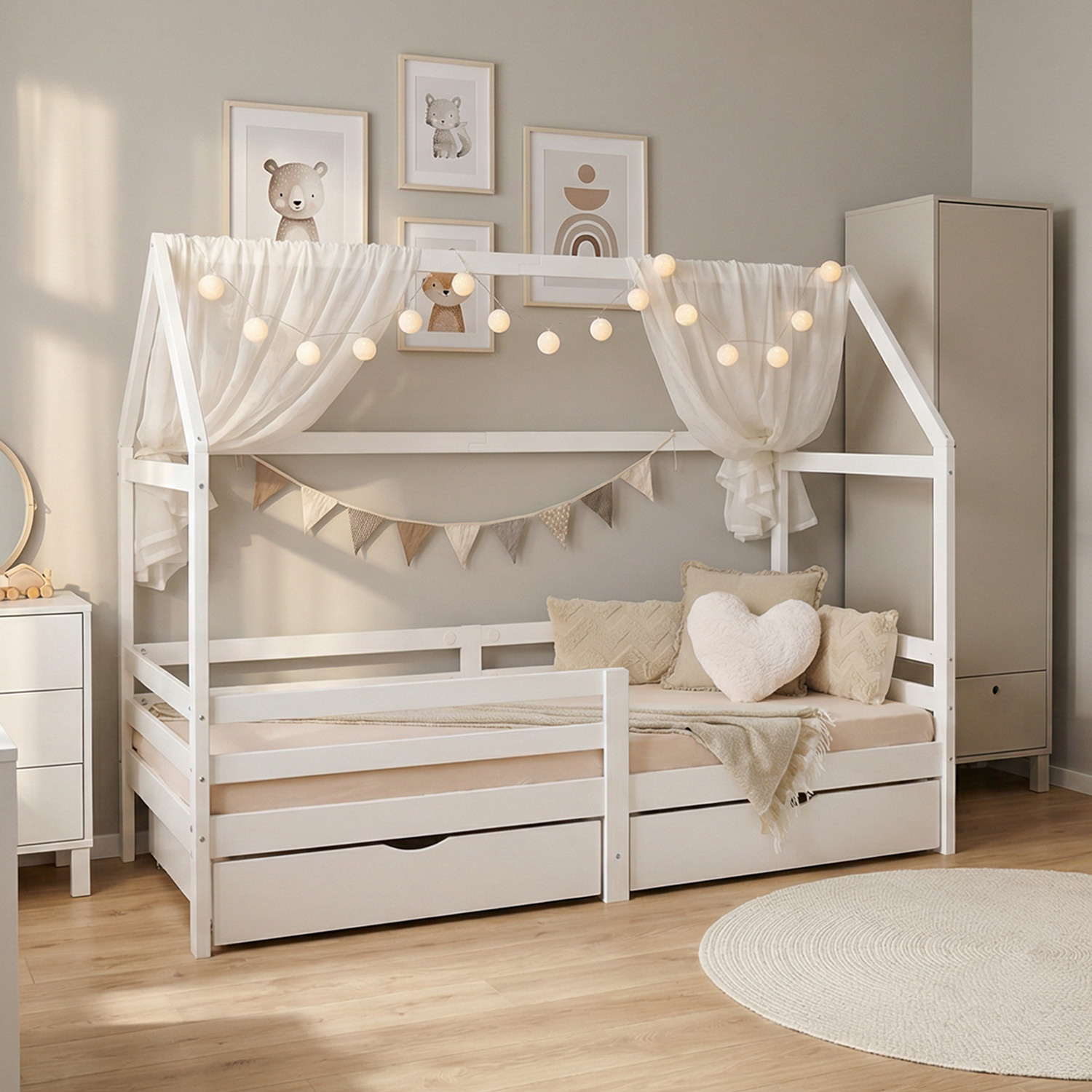 Children's Bed 90x200 cm White | House Bed with Fall Protection and Bed Drawer | Montessori | Single Bed | with Slatted Frame | Wood