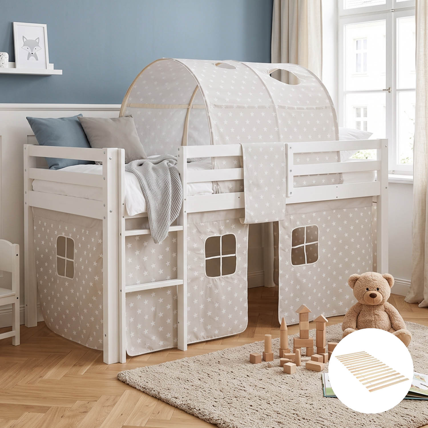 Children's Loft Bed 90x200 cm White with Star Curtain | Tower | with Slatted Base