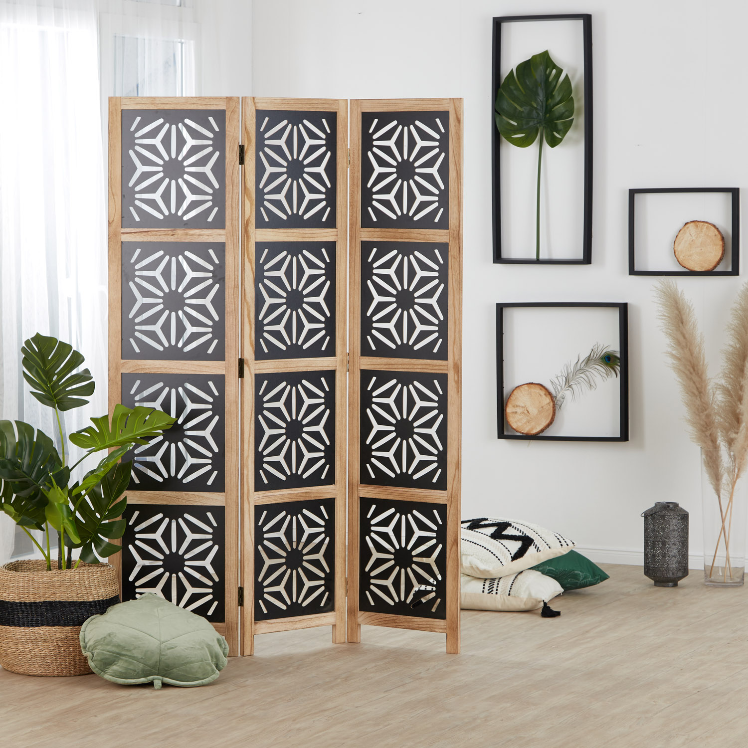 Paravent Natural Black Decorations | 3-panel | Wood | Room Divider Partition Privacy Screen