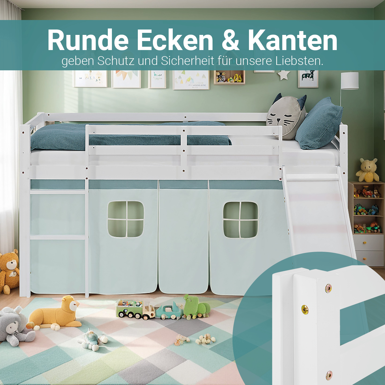 Loft Bed for Kids 90x200 cm White with Curtain in Mint Green | Slide | with Slatted Frame and Mattress