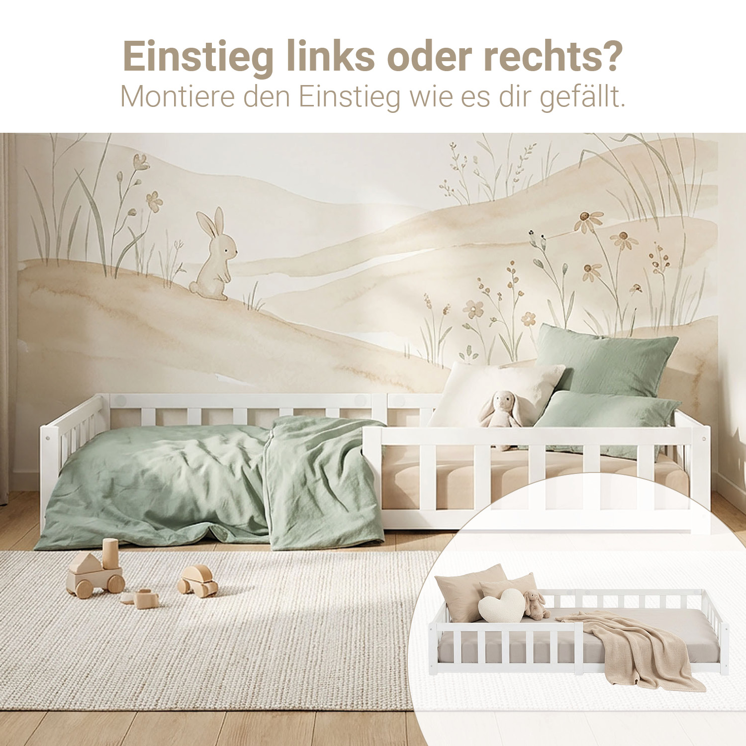Montessori Crib 90x200 cm White, Includes Mattress & Slatted Base – Floor-Level Crib with Safety Rail Made of Solid Wood