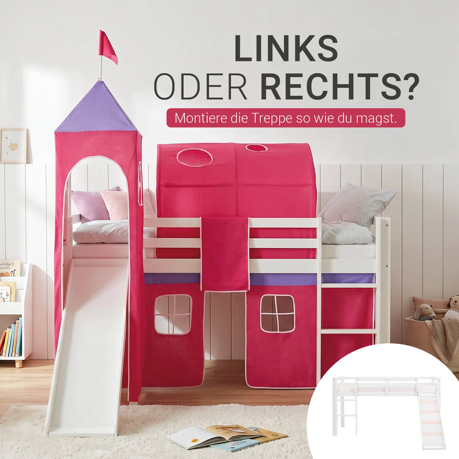Children's Loft Bed 90x200 cm White with Pink Curtain | Tunnel | Tower | Slide | with Slatted Base