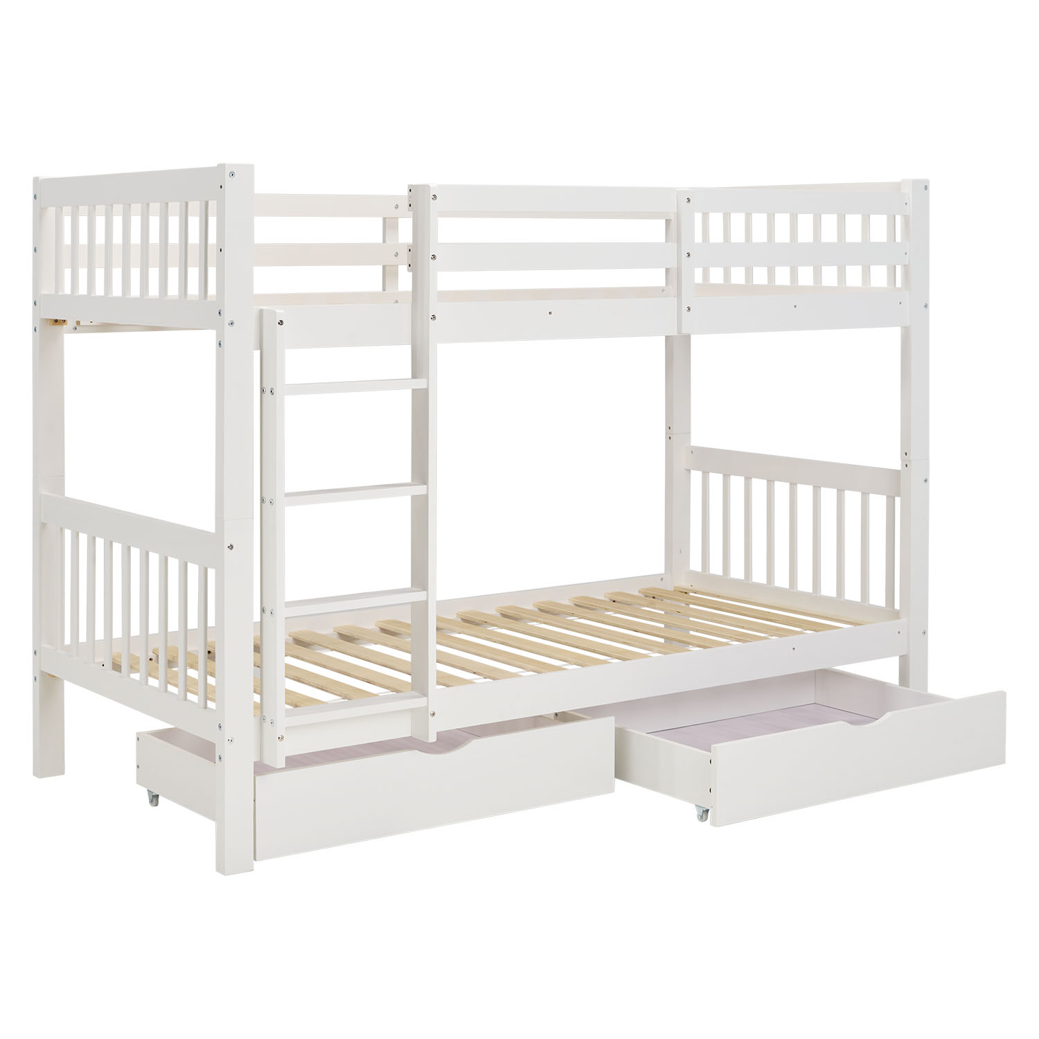 White Bunk Bed 90x200 cm | Children’s Bed with 2 Underbed Drawers | Safety Guard | Convertible | Solid Wood