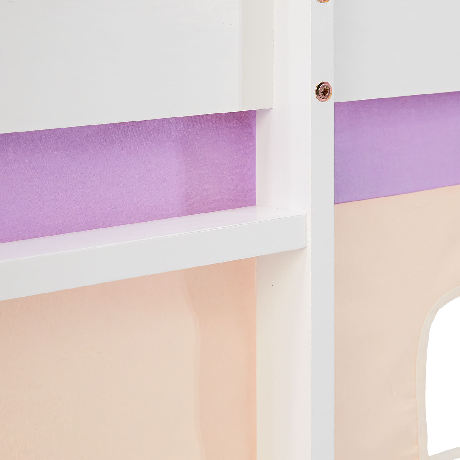 Children's Loft Bed 90x200 cm, White with Purple-Beige Curtain | Tunnel | Without Slatted Base
