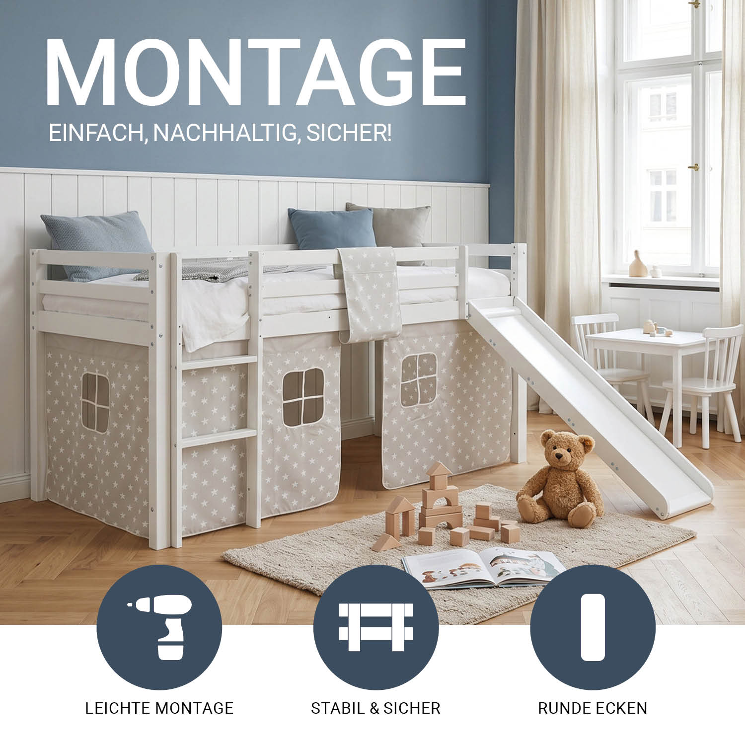 Children's Loft Bed 90x200 cm White with Star Curtain | Slide | With Slatted Base | With Mattress