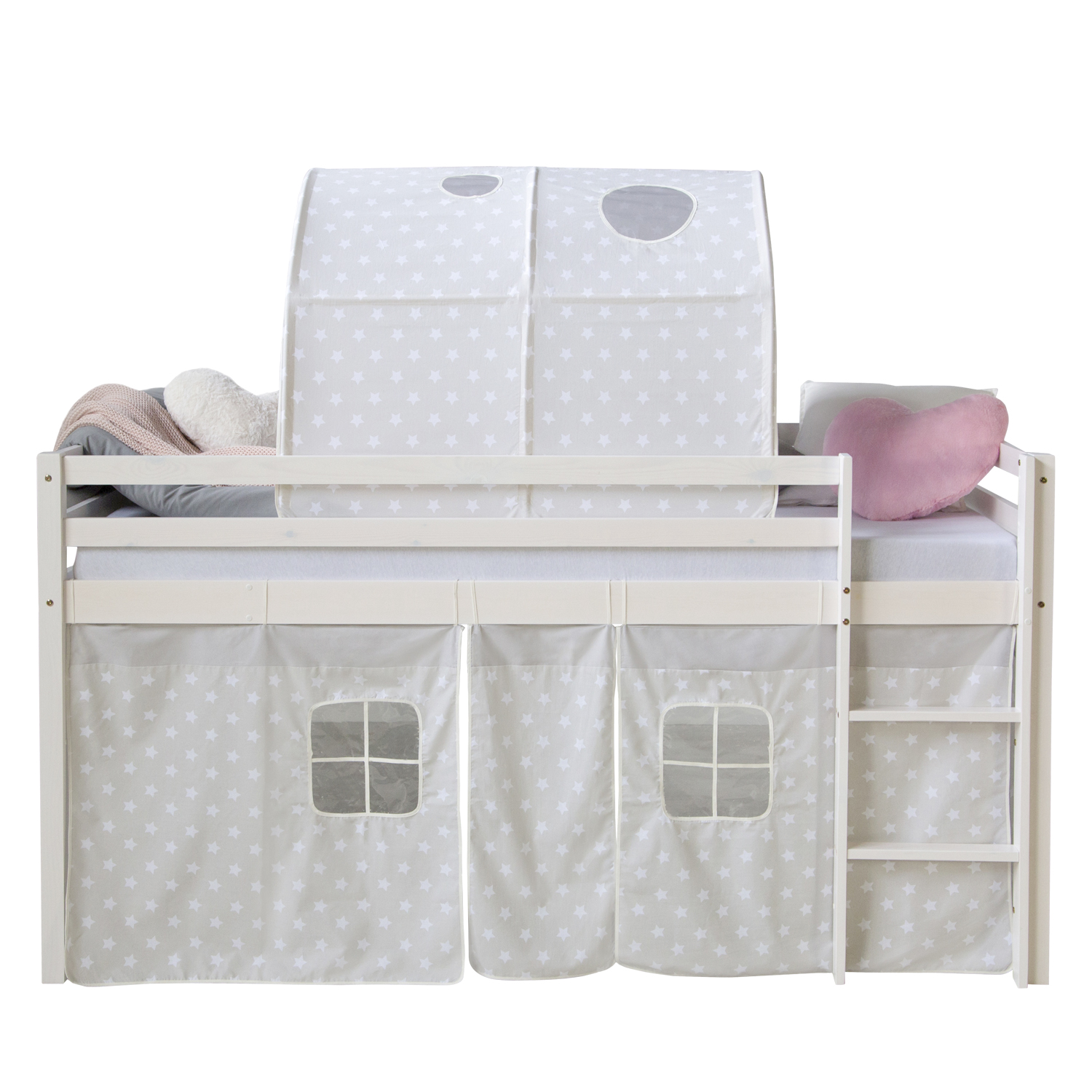 Loftbed 90x200 cm with Mattress Bunk bed Childrens bed Solid Pine Wood Curtain Tunnel Grey Stars Slats