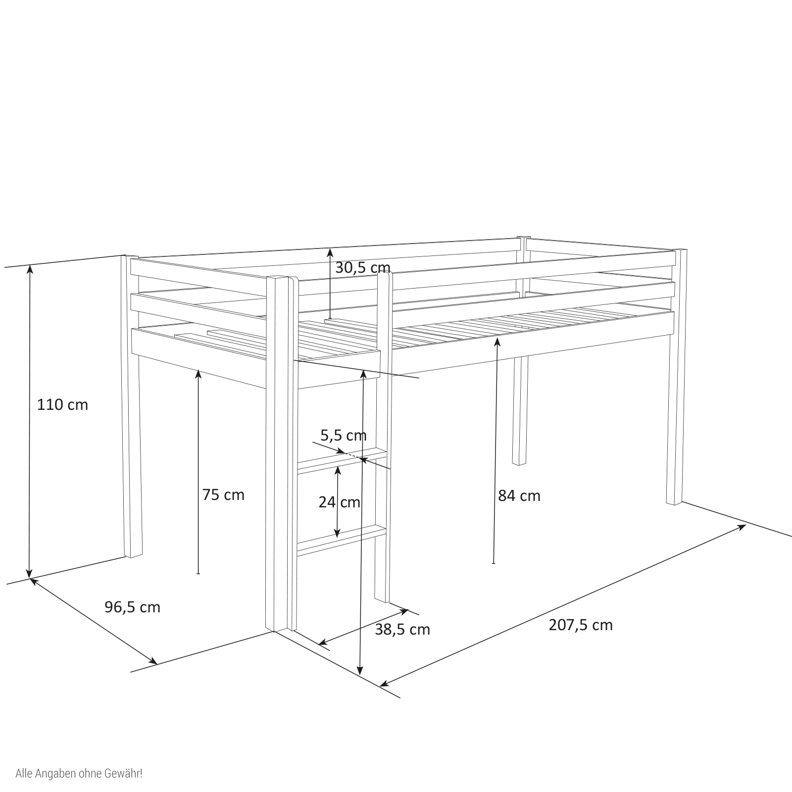 Loftbed 90x200 cm Grey Bunk bed Childrens bed Solid Pine Wood Tower Tunnel Curtain Stars Slide Mattress Slats