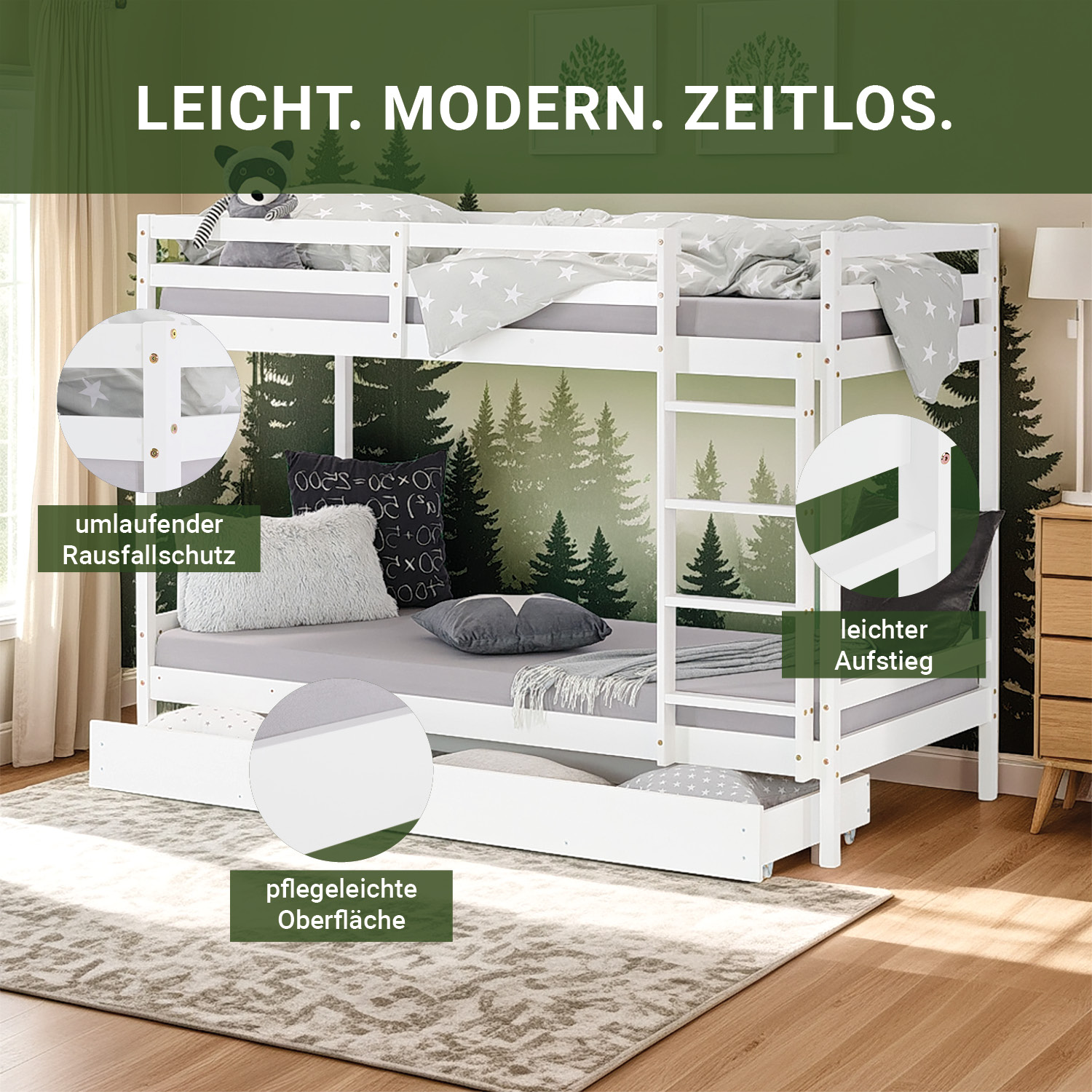 Bunk bed with drawer and 2 matresses Children bed 90x200 cm wooden Kids bed High sleeper White Slats