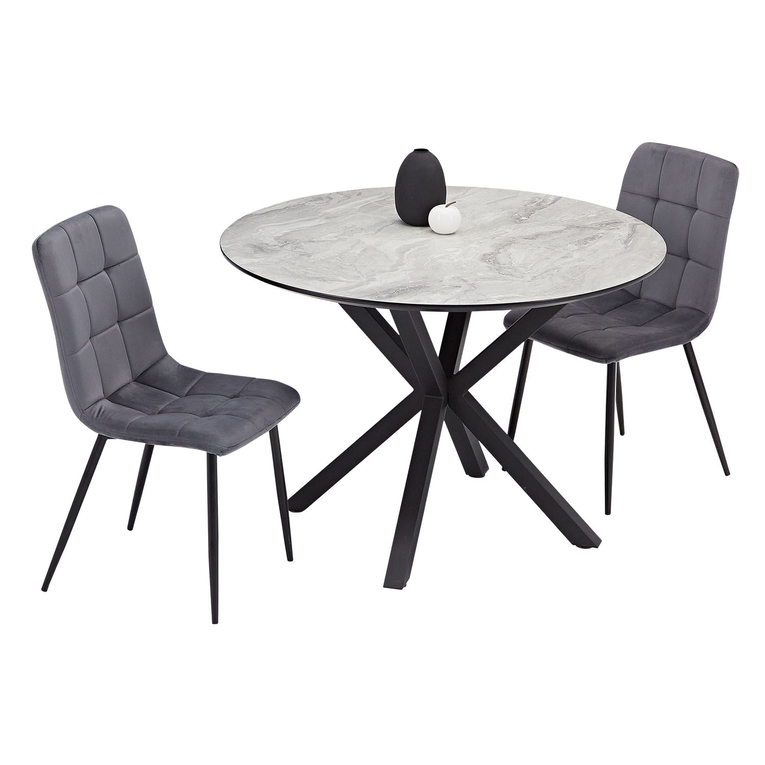 Esstisch mit 2 oder 4 Stühlen Set Essgruppe Polsterstühle Samt Leinen Grau Esszimmertisch Rund Ø 110 cm Modern