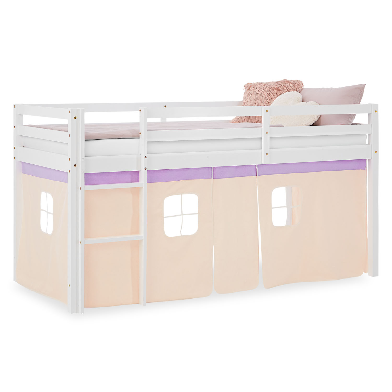 White mid-height wooden kids? bed with beige curtains and purple accent ? play bed with ladder, perfect for a girls? room