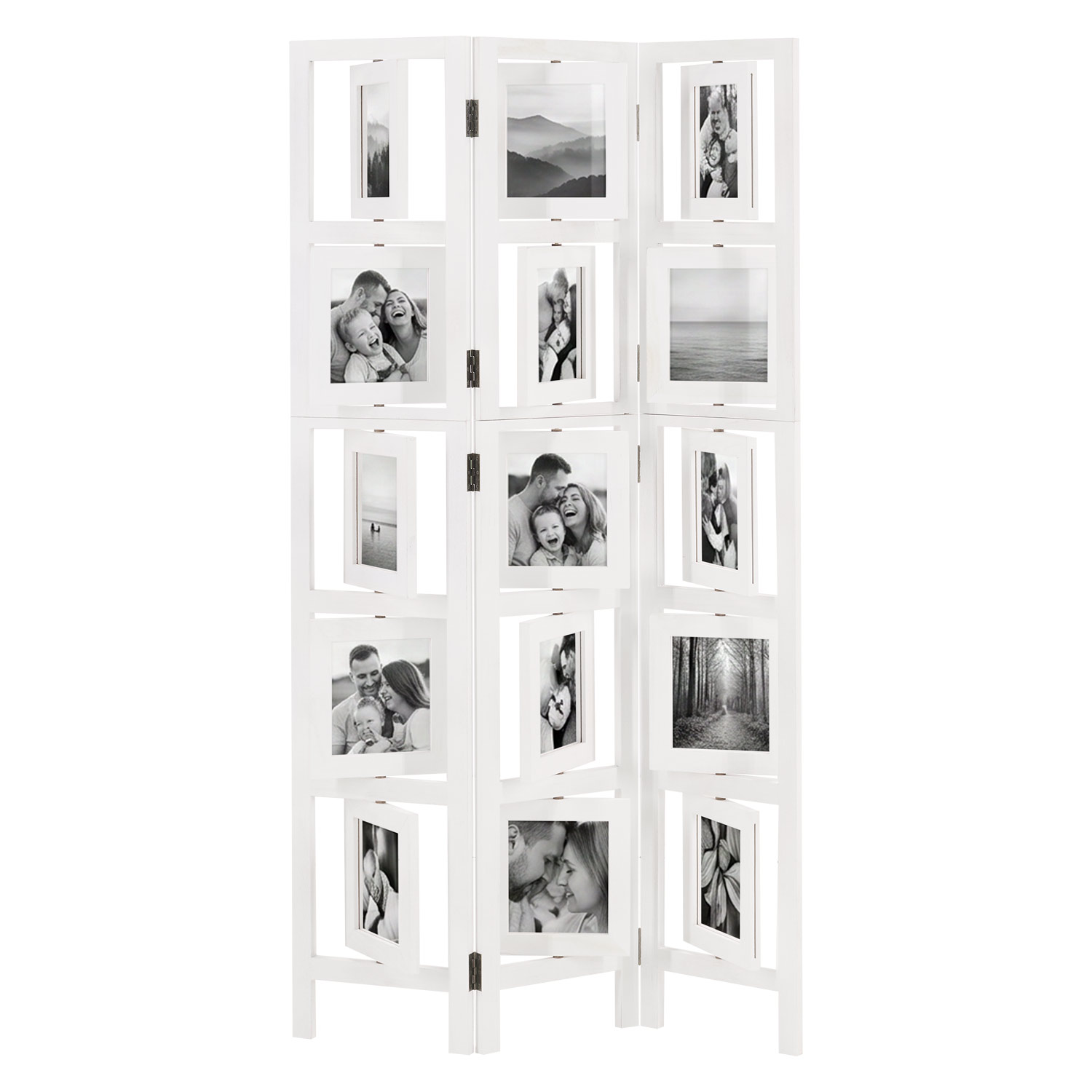 White 3-panel folding screen with photo prints – Modern room divider & decorative privacy screen