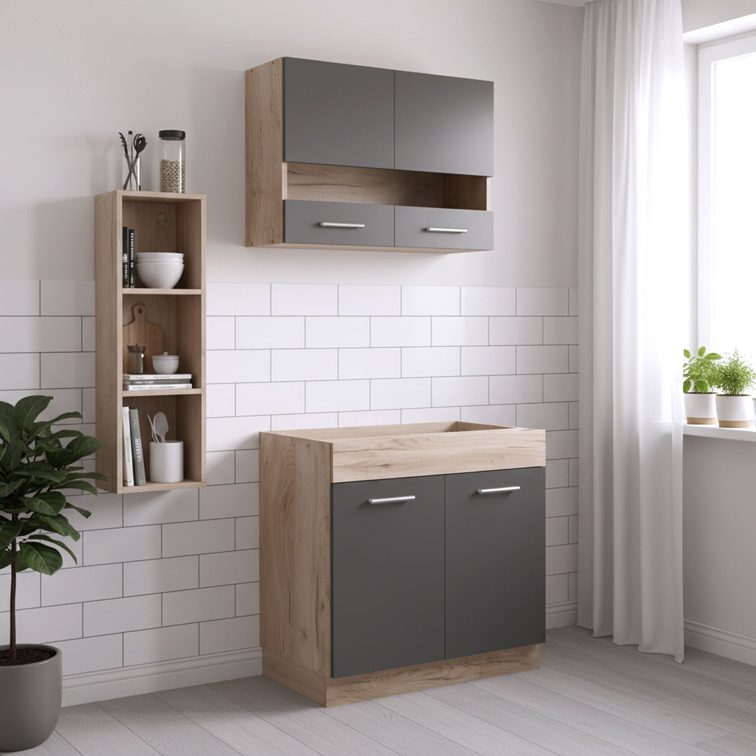80 cm Kitchen Unit Grey & Oak – Mini Kitchen with Cabinet Elements, Without Sink and Appliances