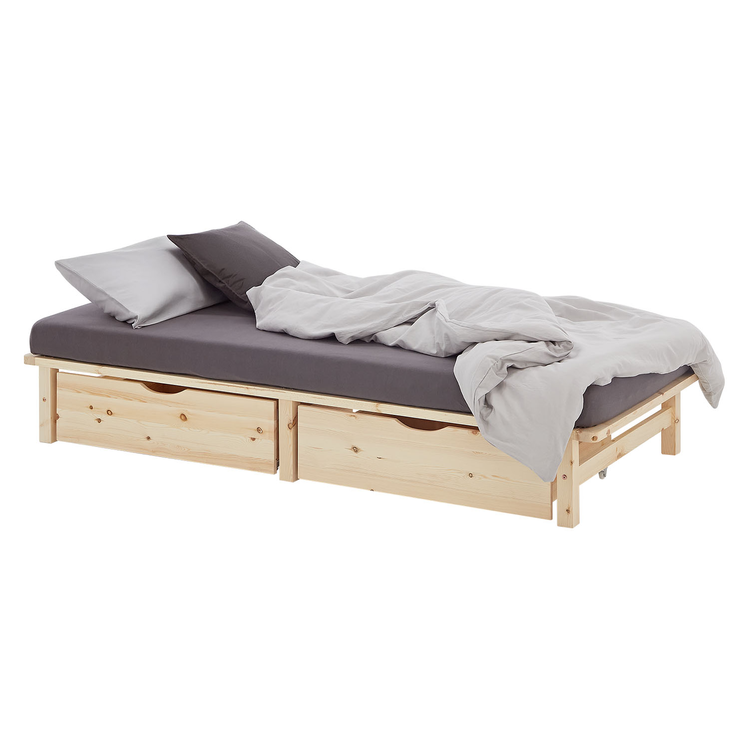 100x200 cm Natural Pallet Bed with Drawers & Slatted Base – Solid Wood Single Bed for Teenagers' & Bedrooms