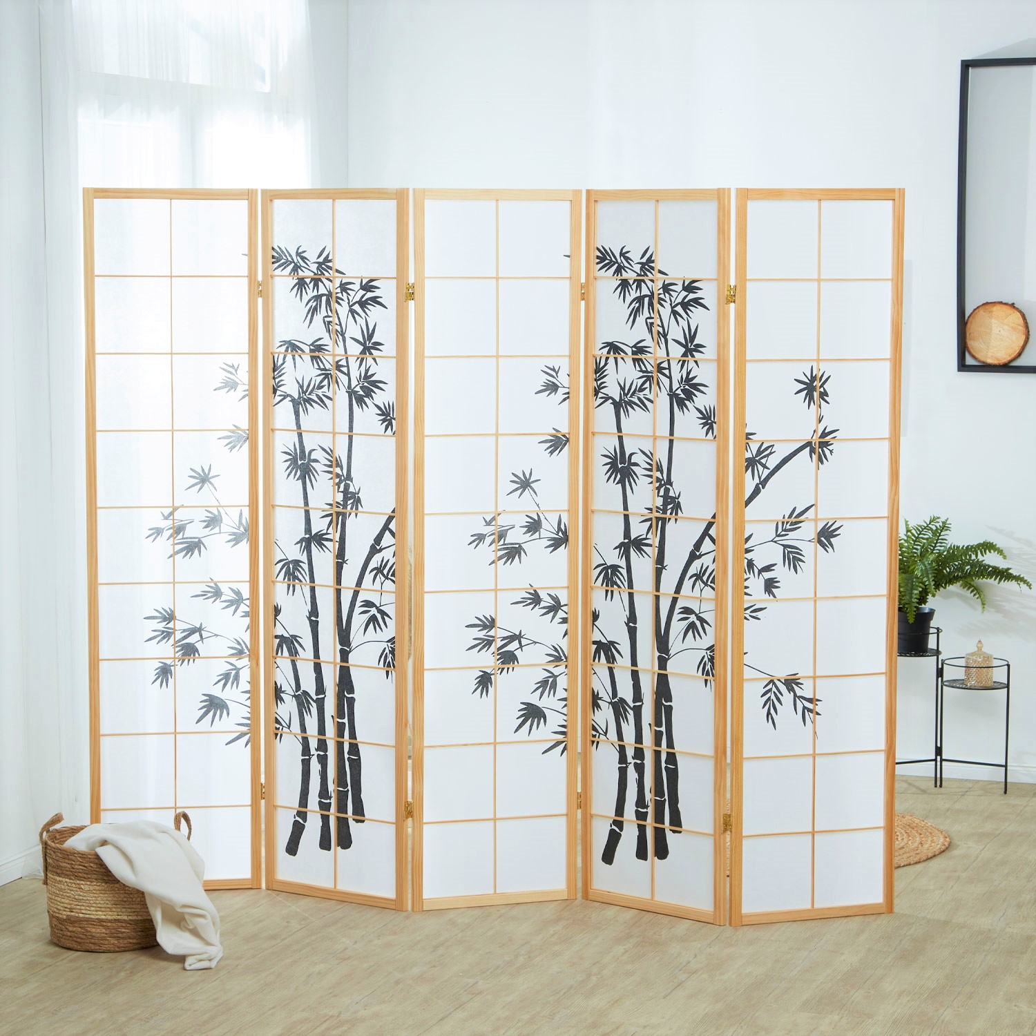 Paravent room divider 3 parts, natural wood, white rice paper, bamboo pattern, height 179 cm