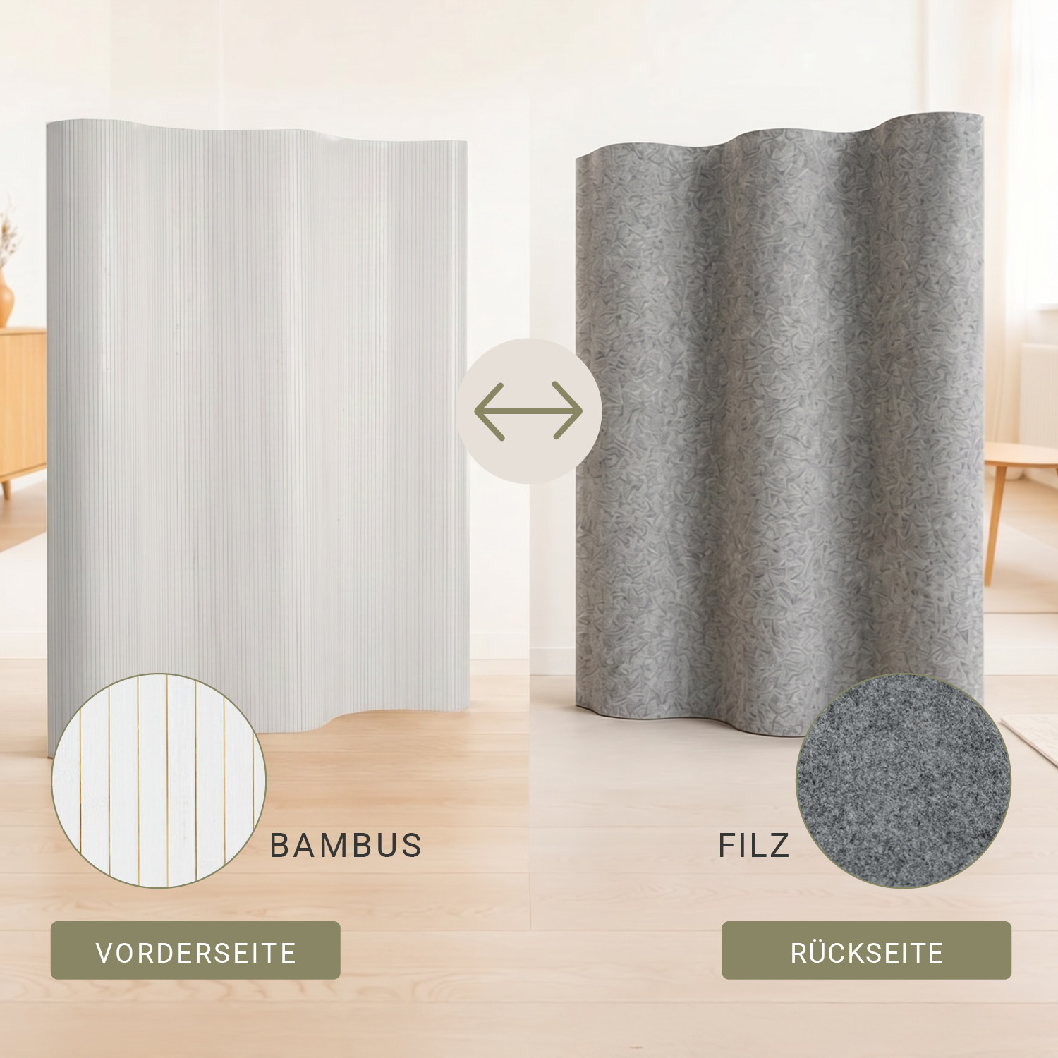 Bamboo Screen, 195 cm High, White Washed | Room Divider, Partition, Privacy Screen