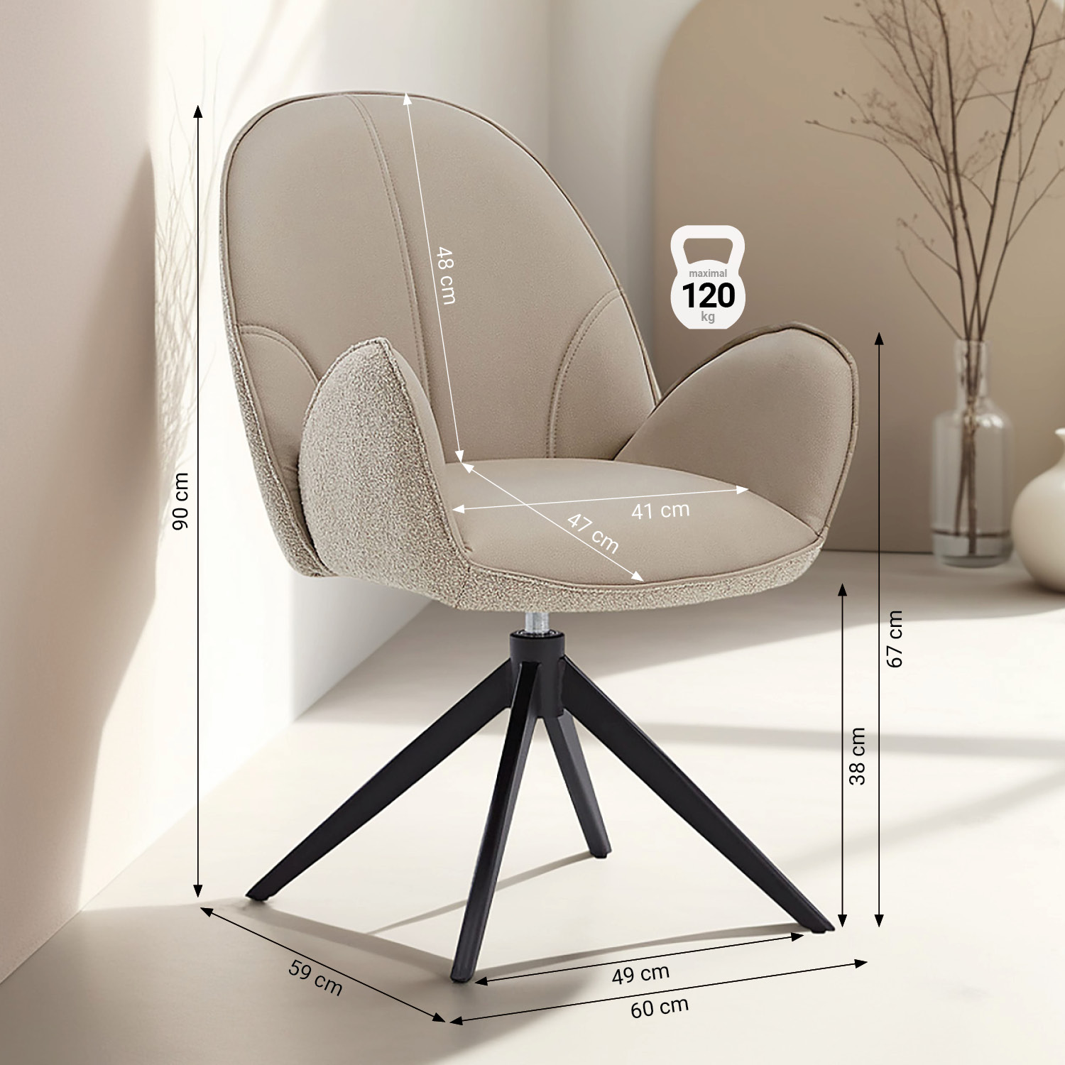 7-piece dining set: swivel upholstered chairs in beige bouclé/leather with armrests & brown dining table (200 x 100 cm)