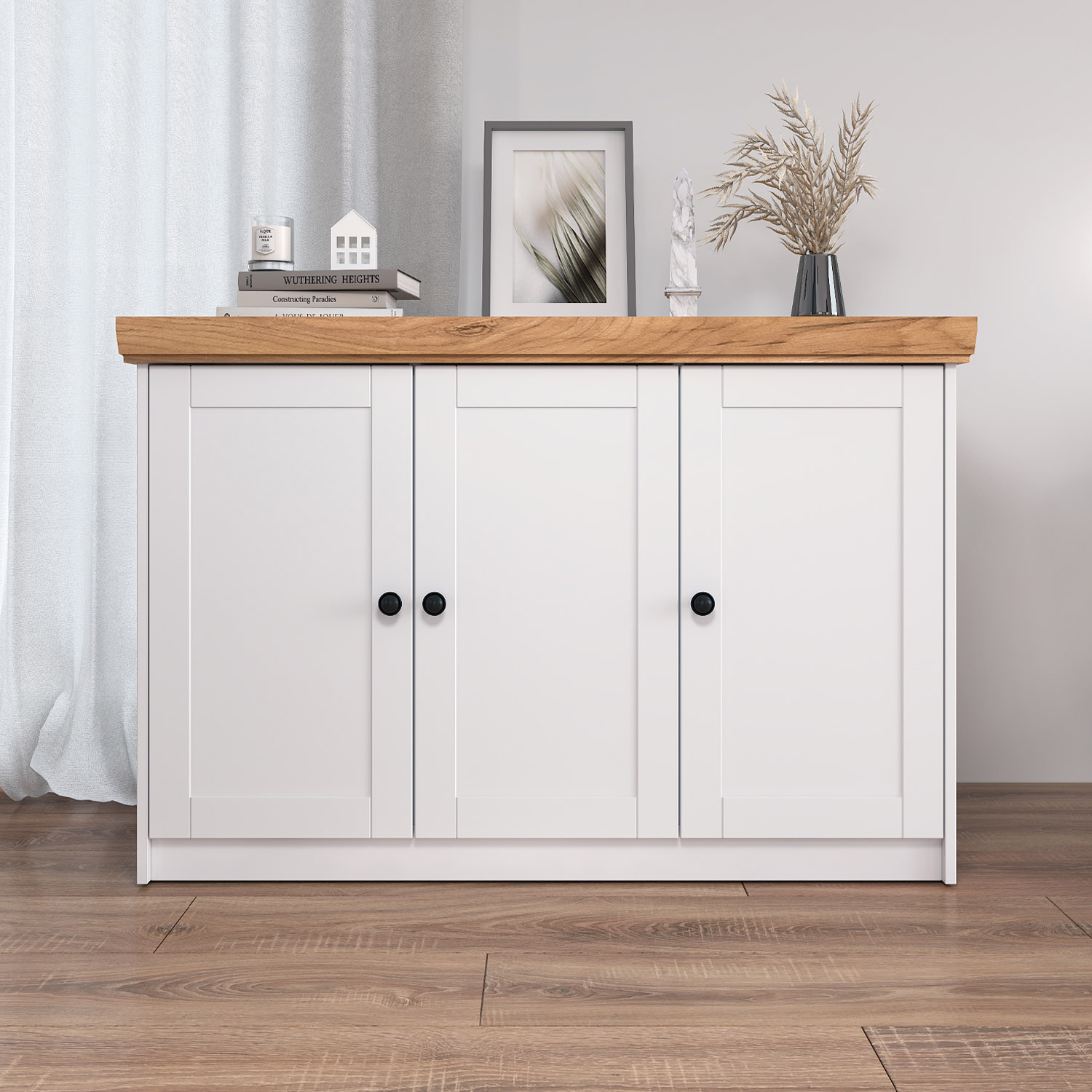 Kommode Weiß mit Eicheplatte – Sideboard mit 3 Türen, Landhausstil