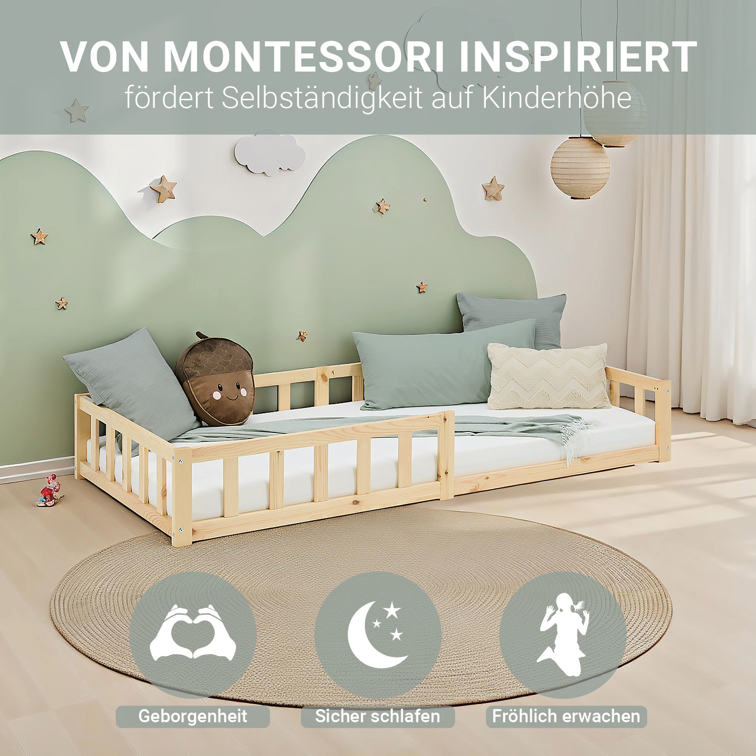 Children's Bed 90x200 Natural | Floor Bed with Mattress & Slatted Frame | with Fall Protection | Montessori