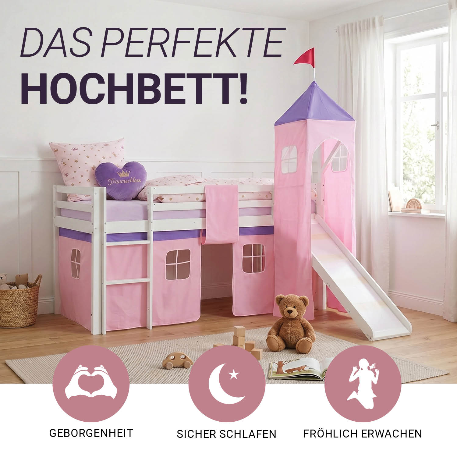 Children's Loft Bed 90x200 cm White with Pink Curtain | Slide | Tower | With Slatted Base | With Mattress