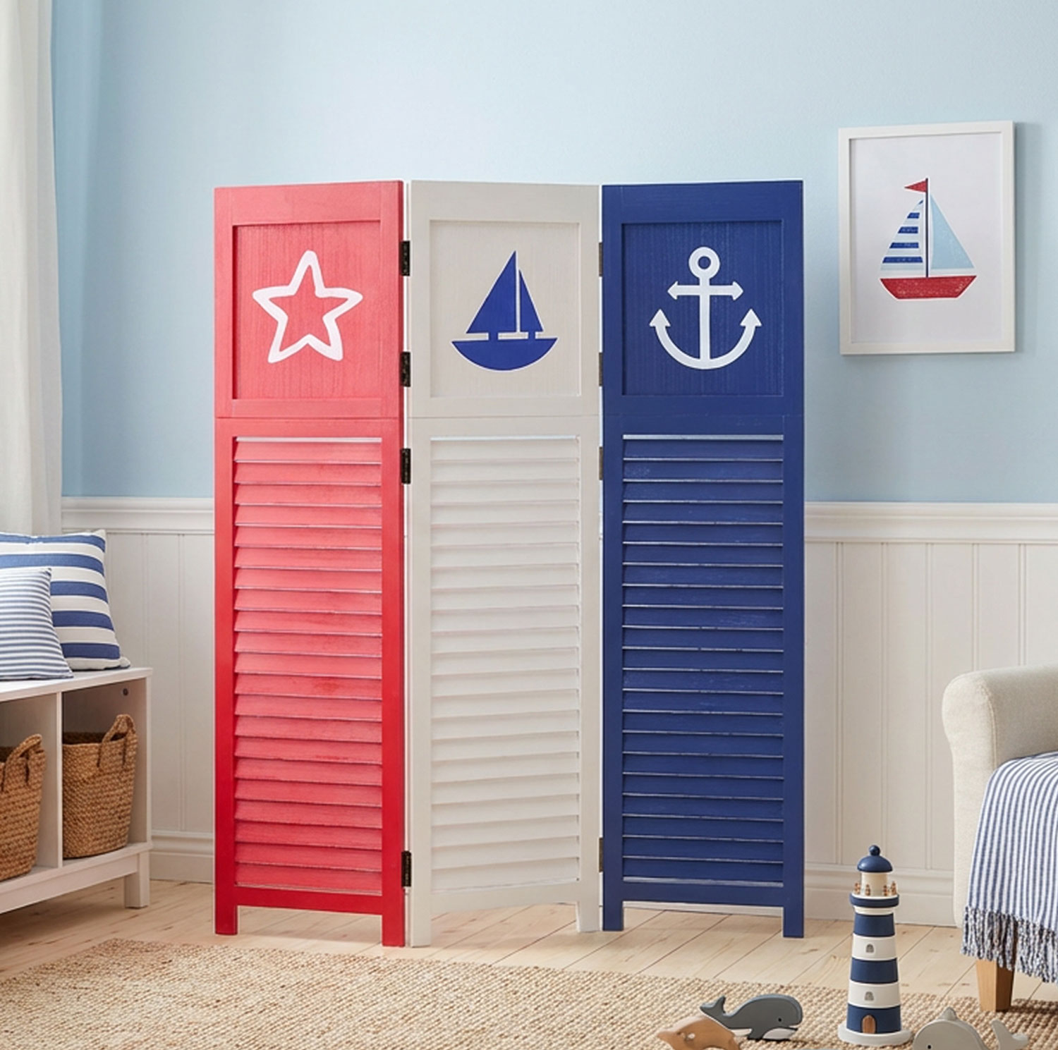 Paravent Red White Black Maritime Motifs | 3-panel | Wood | Room Divider Partition Privacy Screen