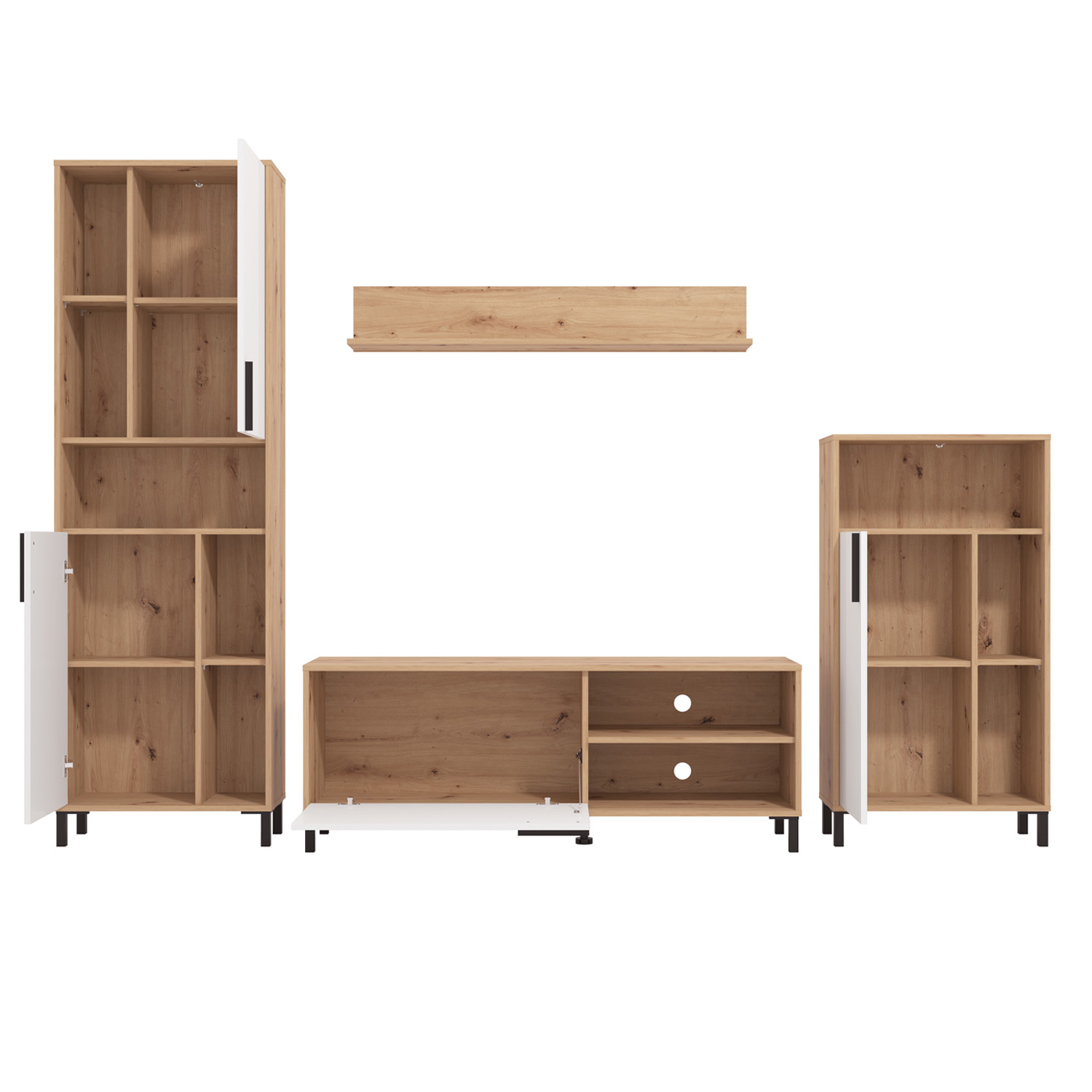 Modern living room unit 4 part cupboard set white grey wall unit wood oak TV set with storage entertainment center