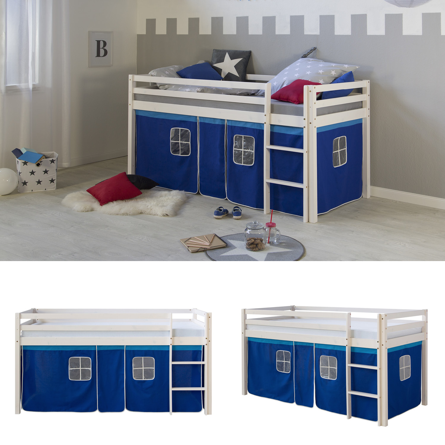 Loft Bed Kids 90x200 cm White with Curtain Blue | without Slatted Frame