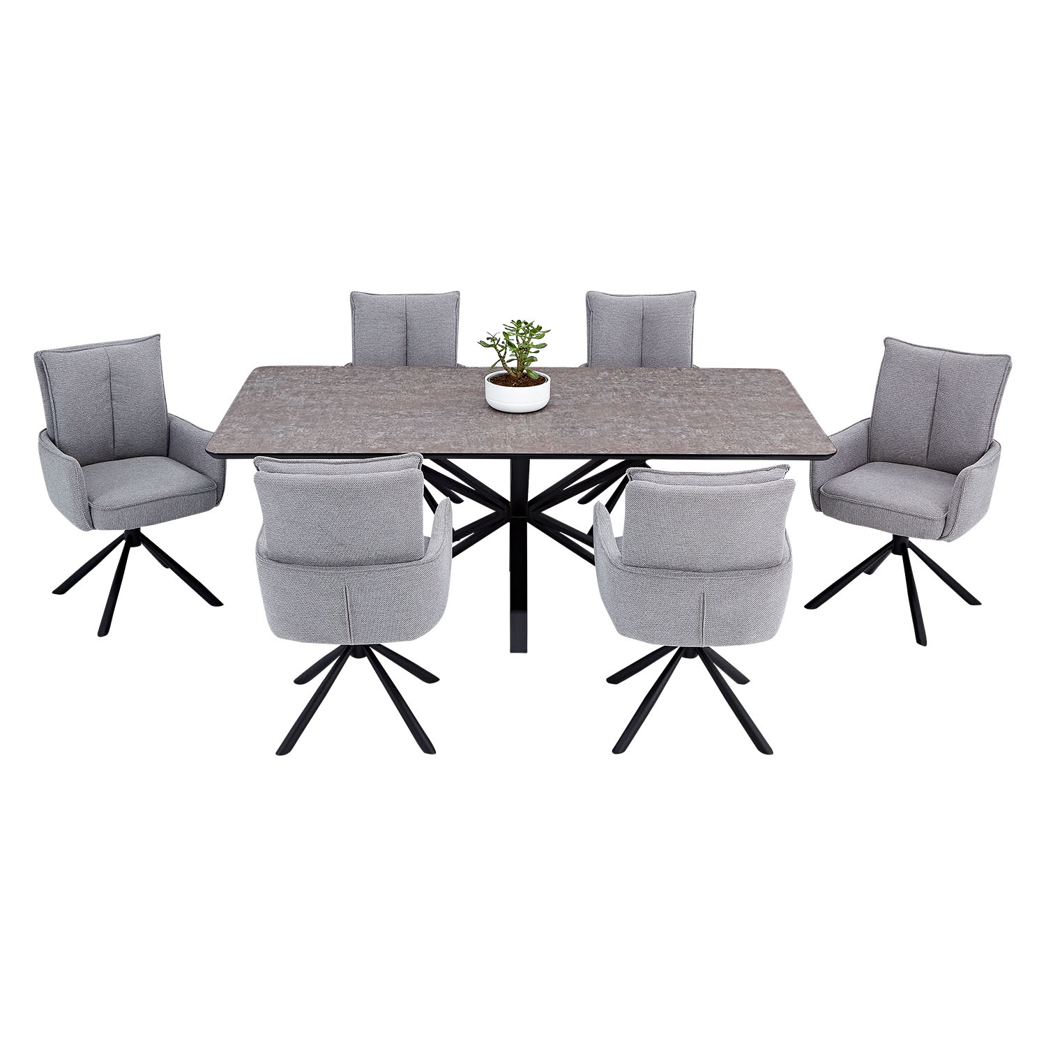 Dining set | 6-piece set upholstered chairs grey with armrest | swivel | dining table brown metal frame 200 x 100 cm