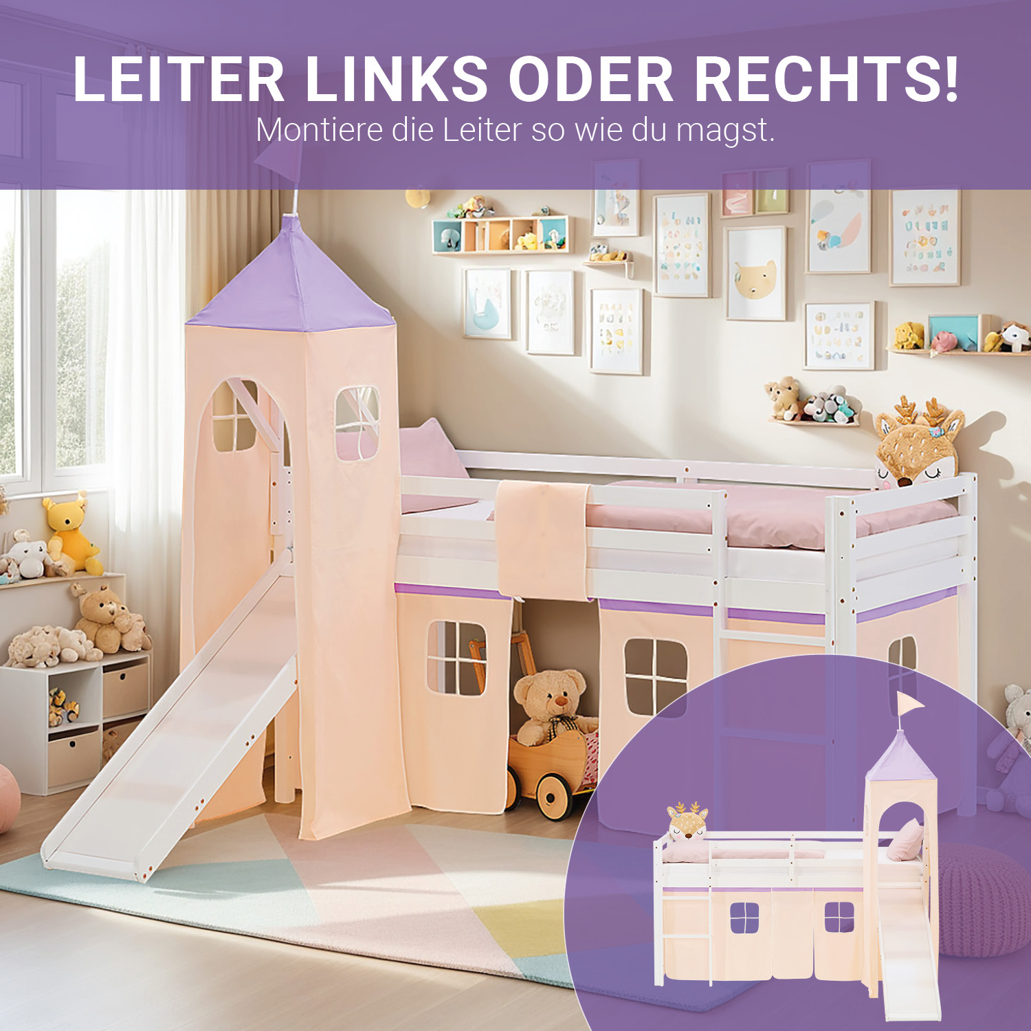 Loft Bed for Kids 90x200 cm White with Curtain in Lilac Beige | Slide | Tower | with Slatted Frame and Mattress