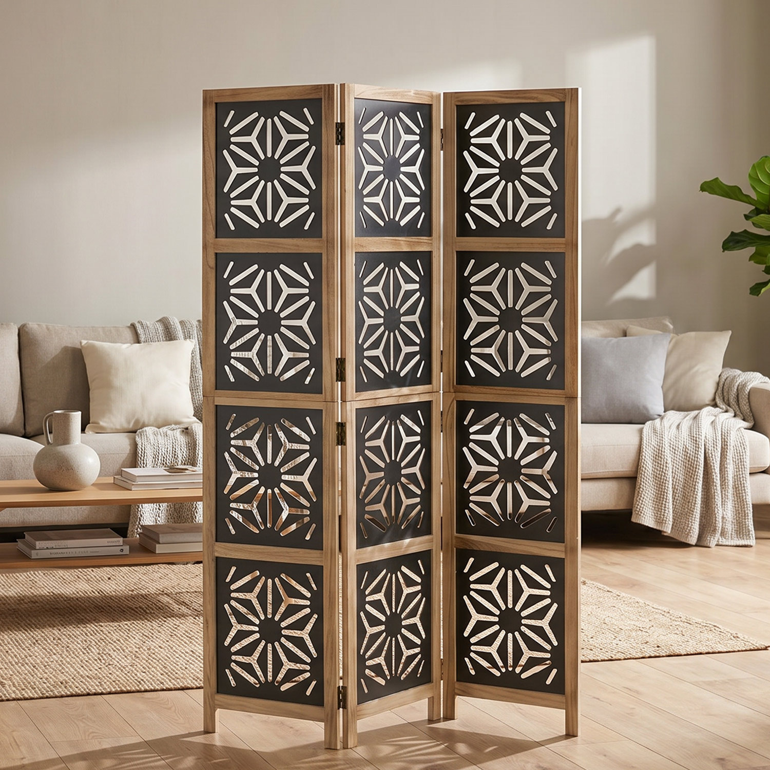 3-Panel "Nature" Folding Screen – Room Divider with Black Accents