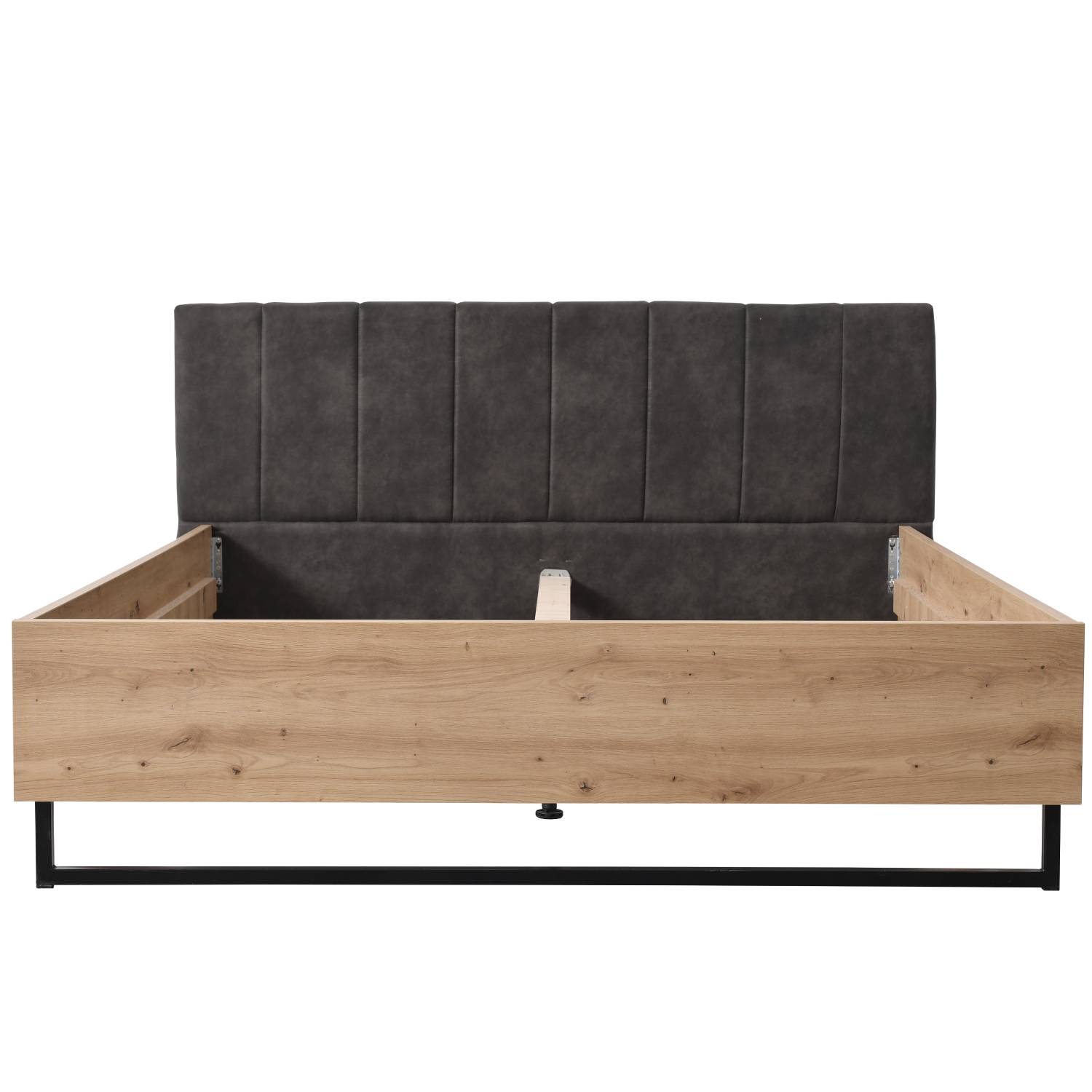 Wooden bed with upholstered headboard 160x200 cm oak und grey | with slatted frame | double fabric bed | industrial style