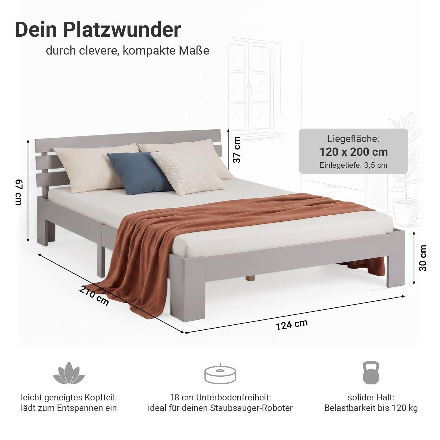 Solid Pine Wood Bed, 120x200 cm – Futon Bed with Mattress & Slatted Base