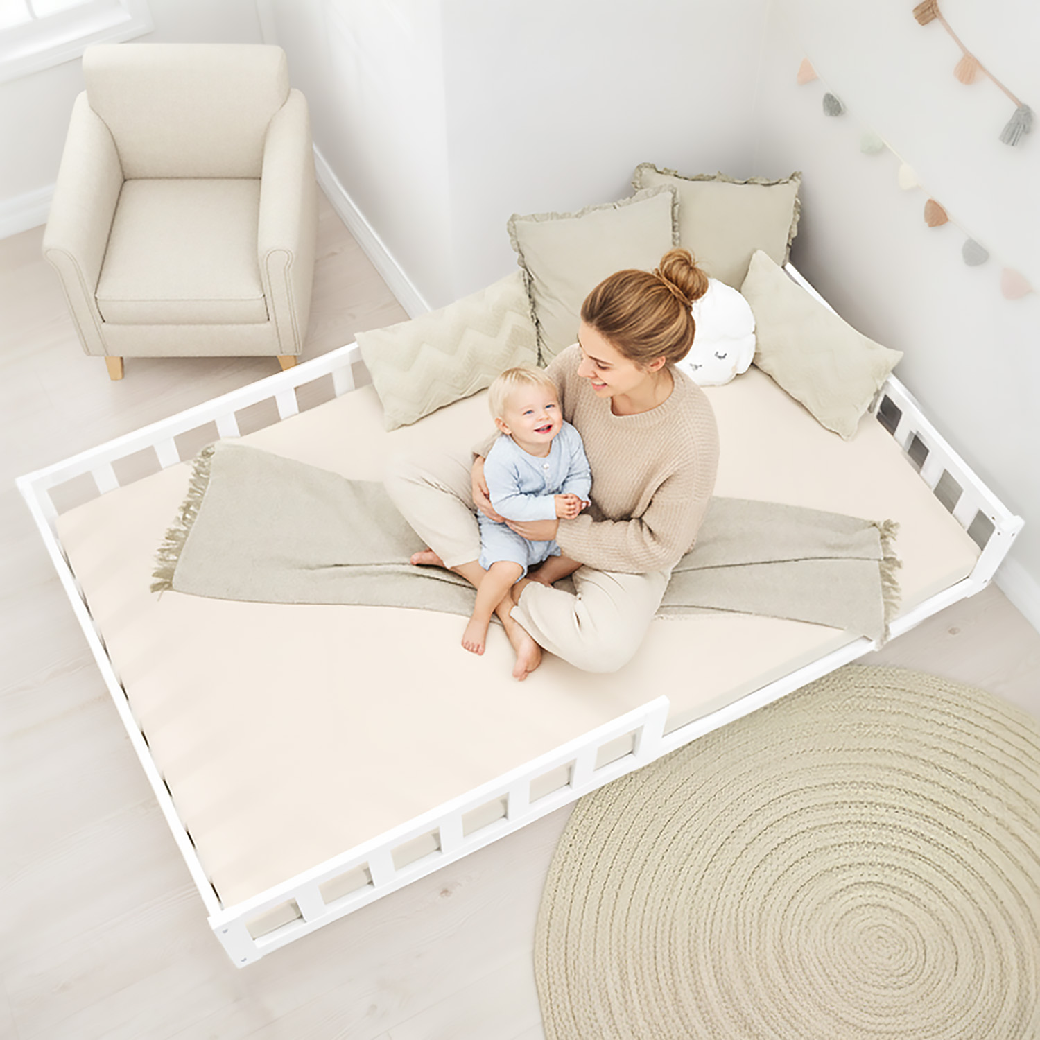 Children's Bed 120x200 White | Floor Bed with Slatted Frame | with Fall Protection | Montessori