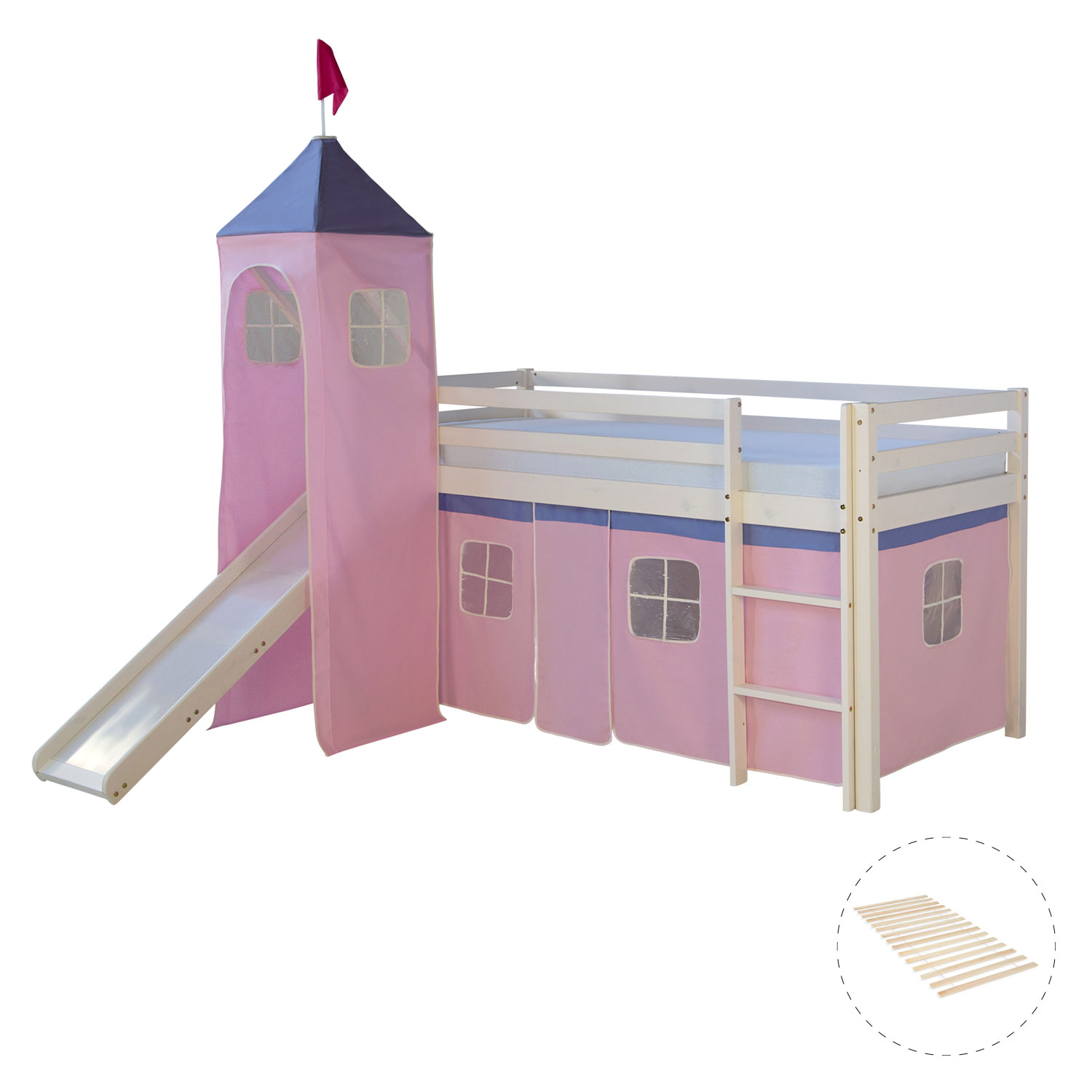 Loft Bed Kids 90x200 cm White with Curtain in Pink | Tower | Slide | with Slatted Frame