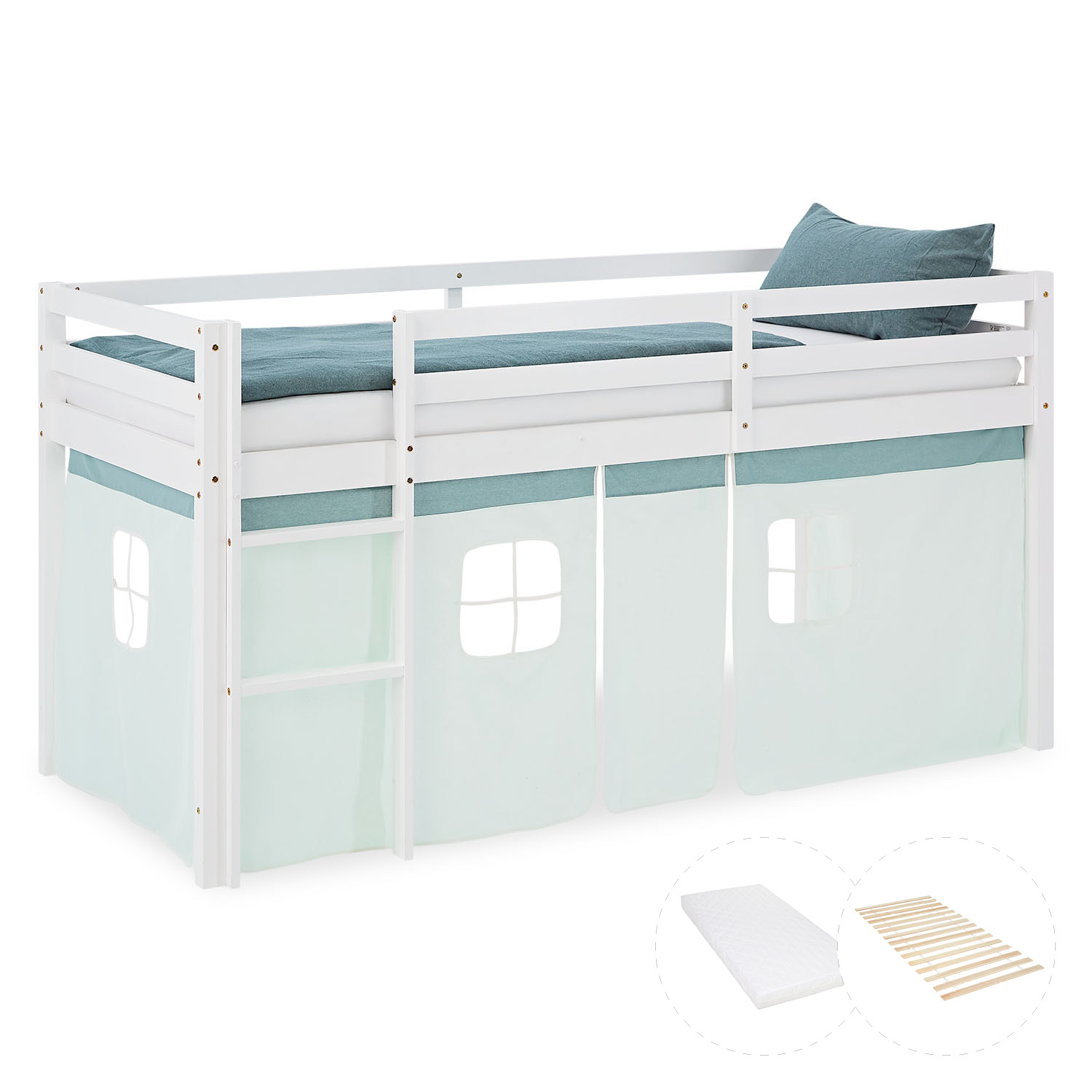 Kinderhochbett in Grün mit Elementen aus Kiefernholz, Lattenrost, Matratze, Leiter und Spielvorhang. Das weiße Hochbett ist mit Matratze und Kissen vor weißem Hintergrund abgebildet. Sichtbar sind eine Leiter, seitliche Schutzgitter, ein Spielvorhang unte