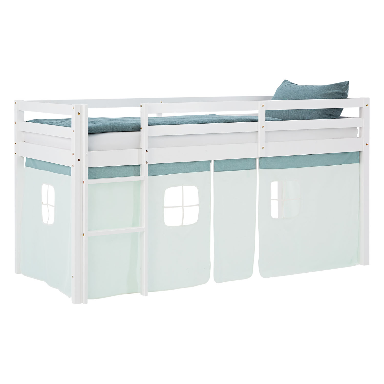 Loft Bed for Kids 90x200 cm White with Curtain in Mint Green | with Slatted Frame