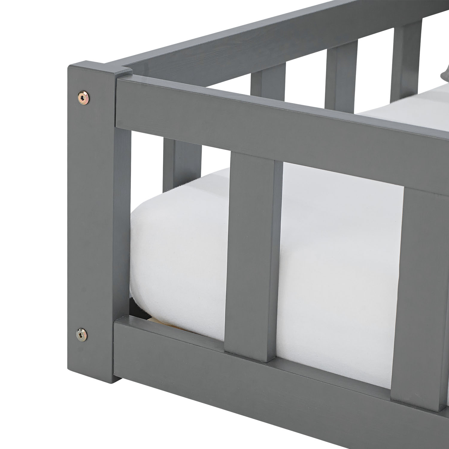 Children's Bed 90x200 Grey | Floor Bed with Mattress & Slatted Frame | with Fall Protection | Montessori