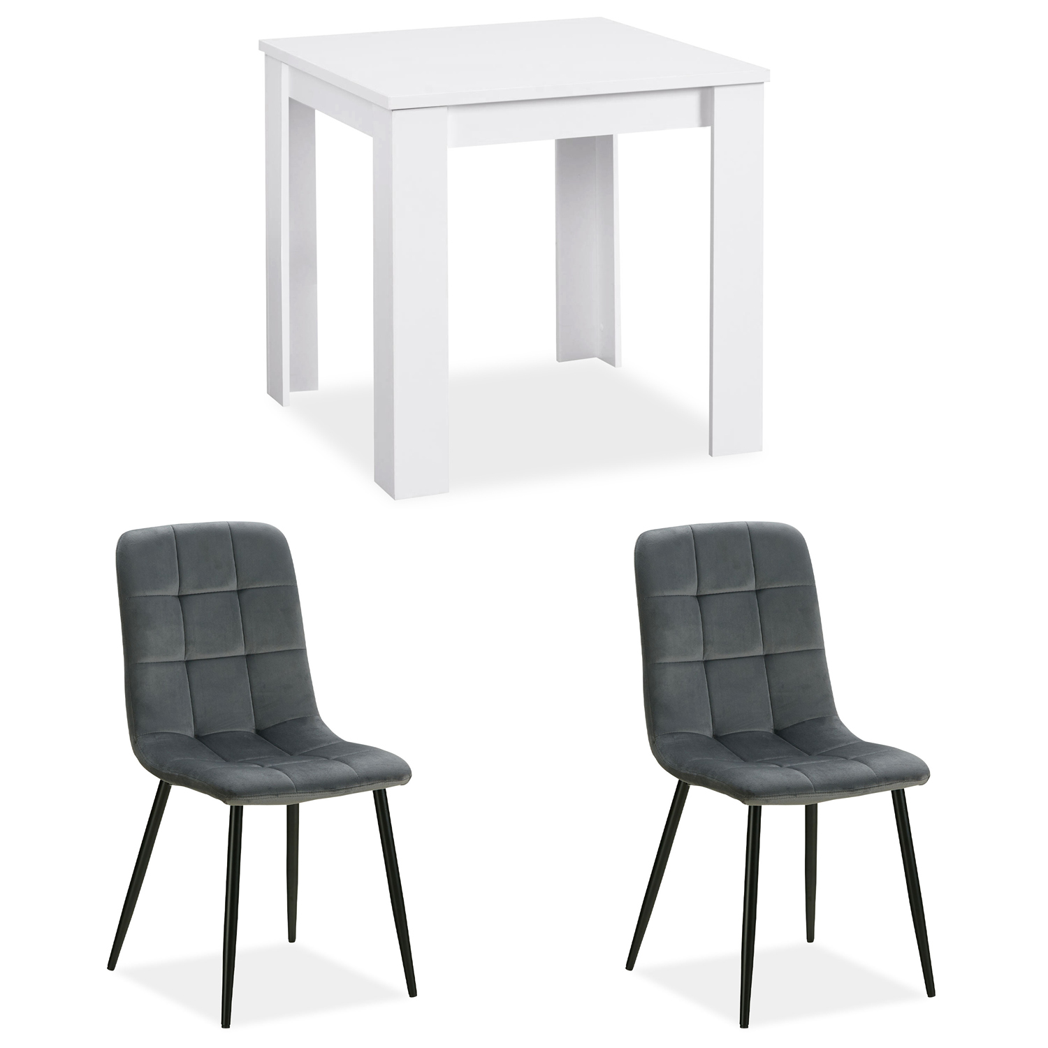 Essgruppe mit 2 Stühlen Esstisch Weiß 80x80 cm Esszimmertisch Holz Massiv Polsterstühle Samt Grau