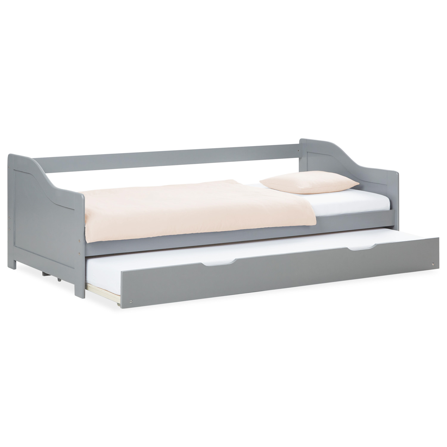 Gästebett Holzbett 90x200 cm Weiß Grau Tagesbett ausziehbar Jugendbett Ausziehbett Funktionsbett 2 Matratzen