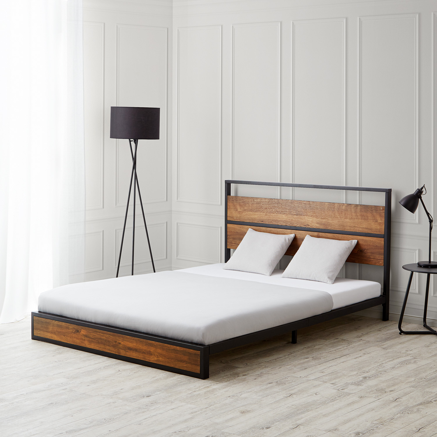 Solid Metal Bed 140x200 cm Slatts Mattress Double Bed Black Futon Bed Wood Brown Platform Bed Frame Guest Bed 