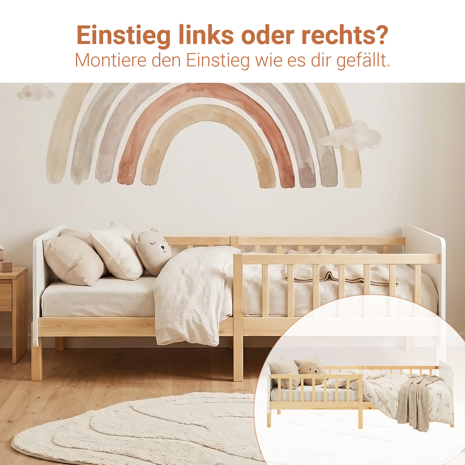 Single bed 90x200 cm White with Mattress Wooden Bed frame Toddler bed with safety rail Kids bed Childrens bed Slatted frame