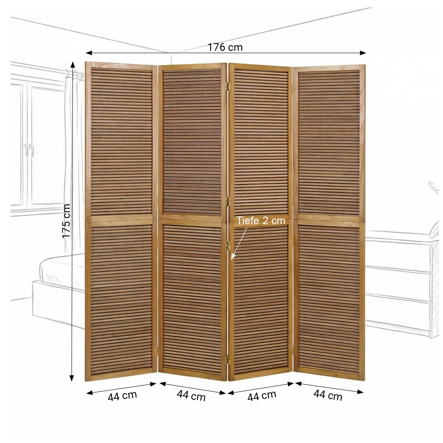 Paravent Brown Wooden Slats | 4-panel | Wood | Room Divider Partition Privacy Screen