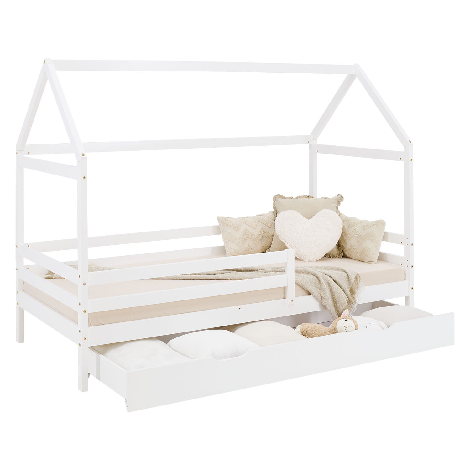 Children's Bed 90x200 cm White | House Bed with Fall Protection and Bed Drawer | Montessori | Single Bed | with Slatted Frame | Wood
