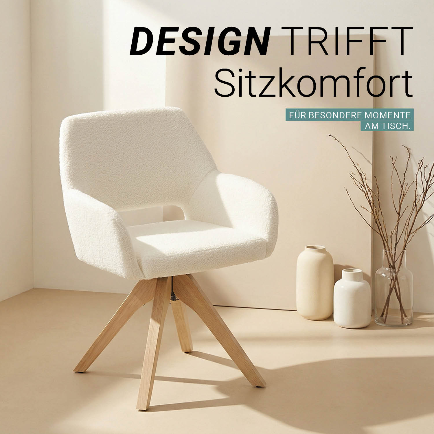 Esszimmerstühle Drehbar Set 6 Stühle für den Esstisch Drehstuhl mit Armlehne Teddystoff Weiß Polsterstühle Sessel Modern