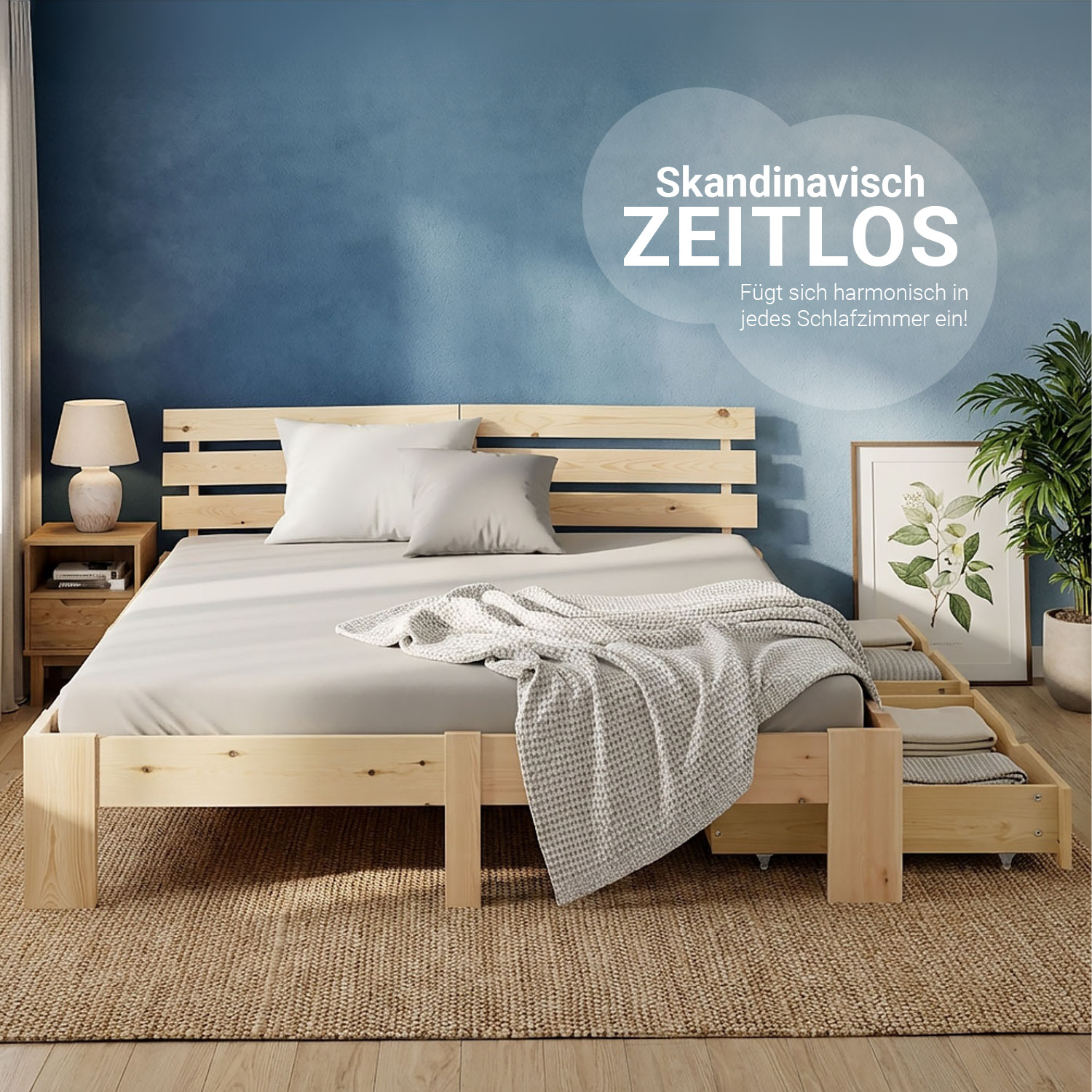 Wood Bed 160x200 cm Natural | Double Bed with Storage 2 Drawers | with Mattress | Solid | Youth Guest Bedroom