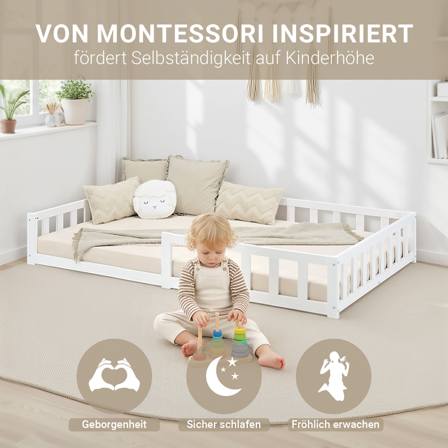 Children's Bed 120x200 White | Floor Bed with Mattress & Slatted Frame | with Fall Protection | Montessori