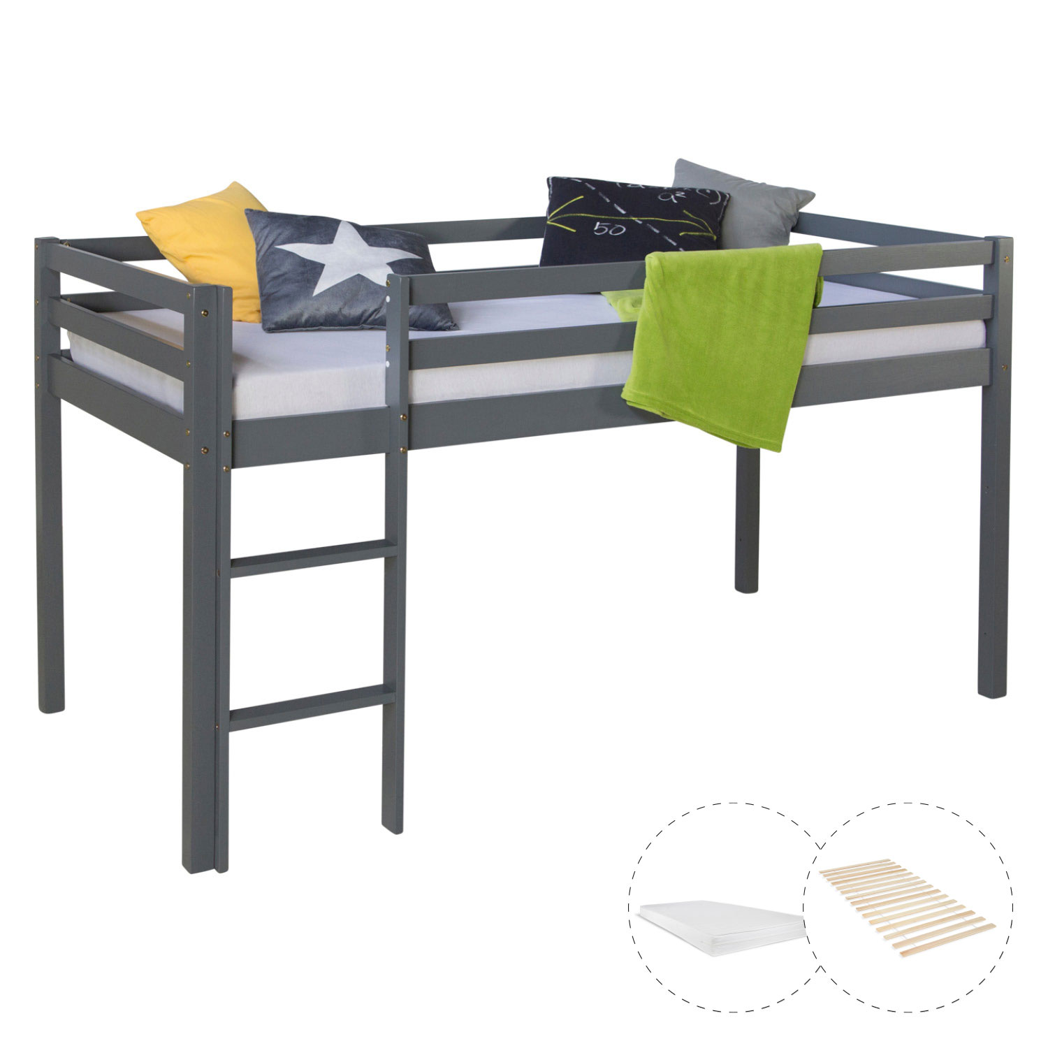 Kinderhochbett in Grau mit Lattenrost und Matratze. Das Bettgestell ist mit Matratze, Bettwäsche und Kissen auf weißem Hintergrund abgebildet. Die Rahmenkonstruktion und die Liegefläche sind in der schrägen Produktansicht sichtbar.