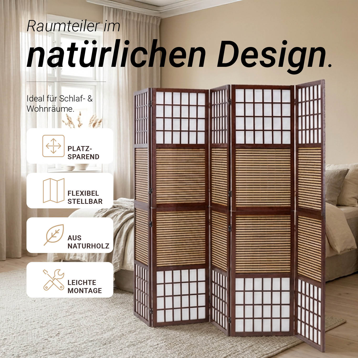 Brown 5-panel folding screen – room divider with bamboo and shoji rice paper